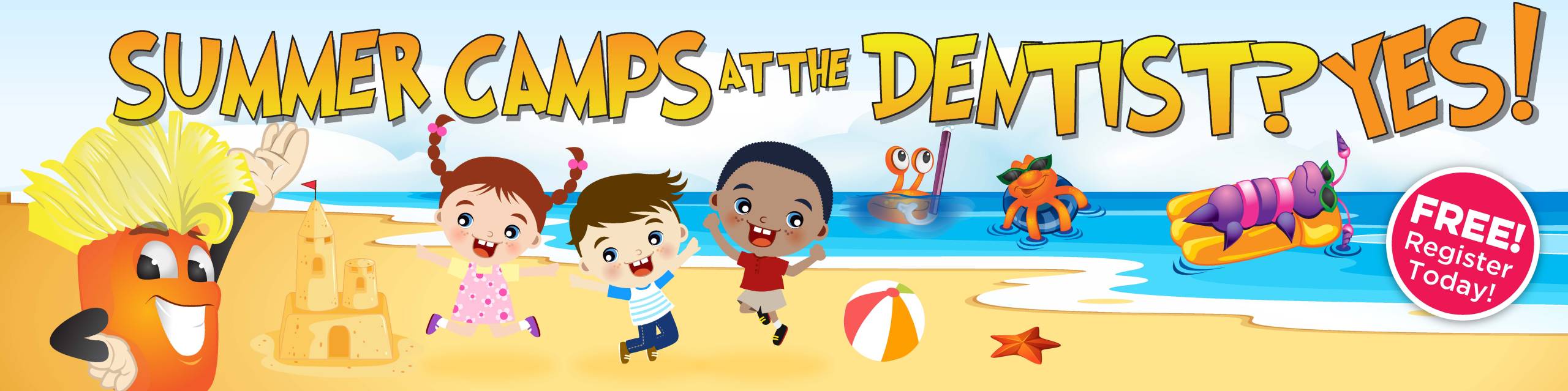Summer camp web graphic Children playing on the beach with colourful Sugar Bugz with the text "Summer camps at the dentist? Yes! Free, register today." Hosted by Smiles on Essa Dental in Barrie